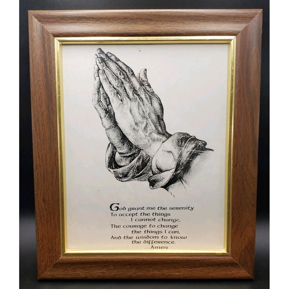 Framed Vintage Praying Hands And  Serenity Prayer print 8x10 Brown W/Gold Trim!!